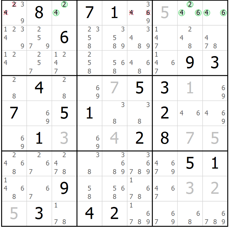 Position des candidats pour la solution de la Gr 14 page 17 du magazine de sudoku Virtuose n° 108