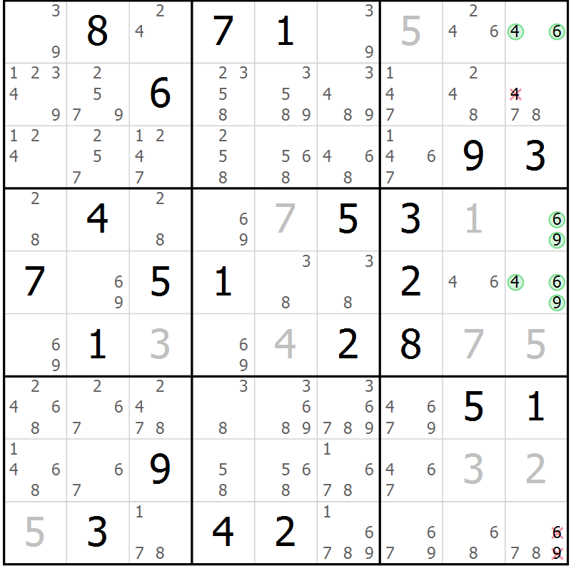 Position des candidats pour la solution de la Gr 14 page 17 du magazine de sudoku Virtuose n° 108