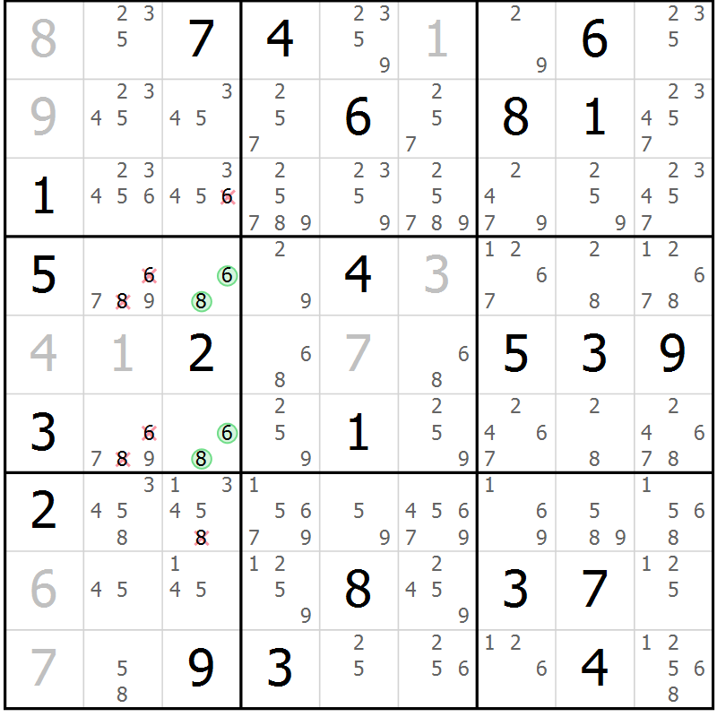 Position des candidats pour la solution de la Gr 15 page 18 du magazine de sudoku Virtuose n° 108