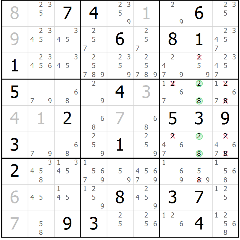 Position des candidats pour la solution de la Gr 15 page 18 du magazine de sudoku Virtuose n° 108