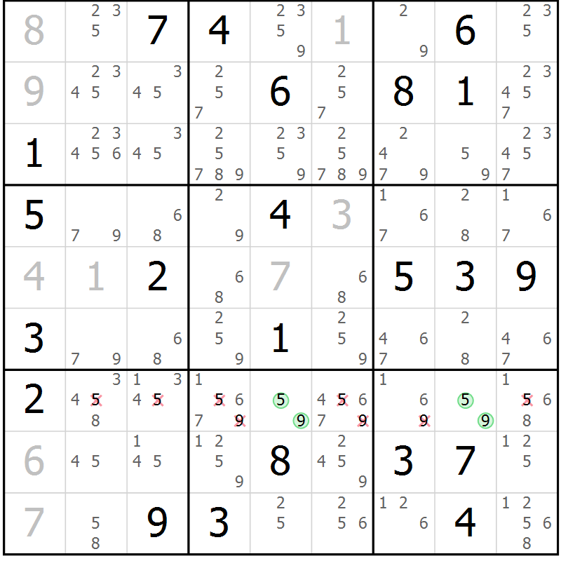 Position des candidats pour la solution de la Gr 15 page 18 du magazine de sudoku Virtuose n° 108