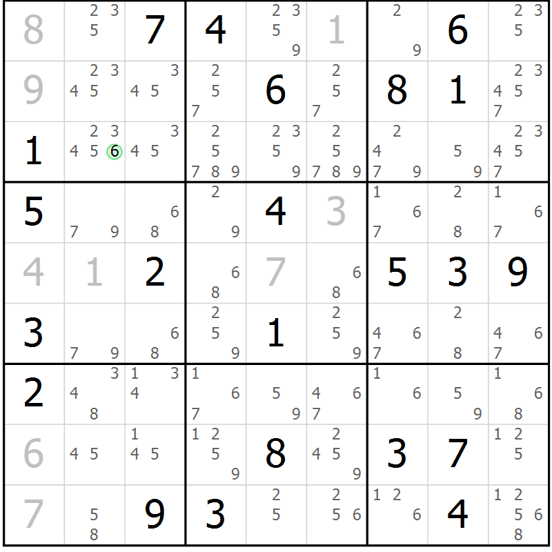 Position des candidats pour la solution de la Gr 15 page 18 du magazine de sudoku Virtuose n° 108