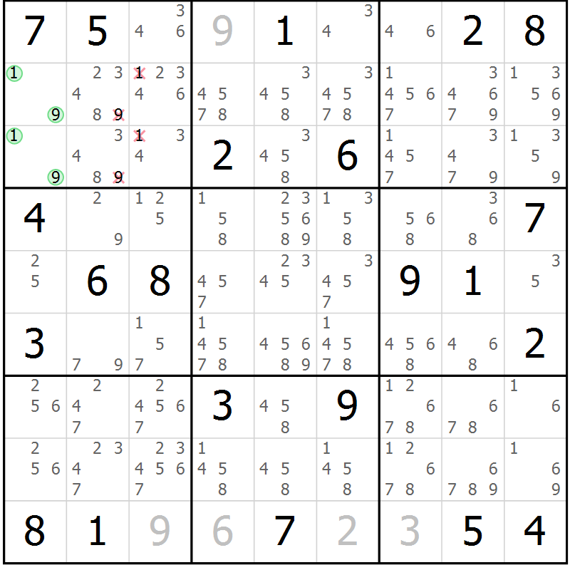 Position des candidats pour la solution de la Gr 17 page 20 du magazine de sudoku Virtuose n° 108