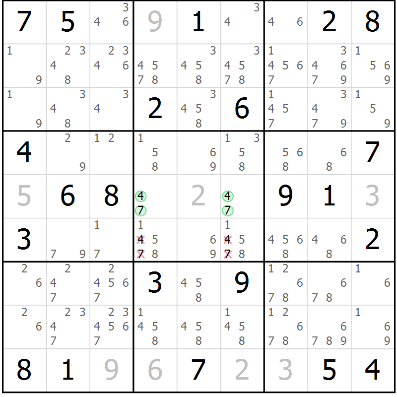 Position des candidats pour la solution de la Gr 17 page 20 du magazine de sudoku Virtuose n° 108