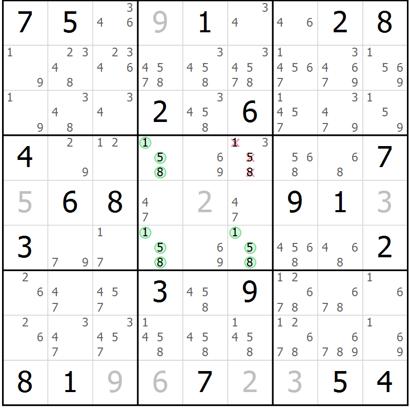Position des candidats pour la solution de la Gr 17 page 20 du magazine de sudoku Virtuose n° 108