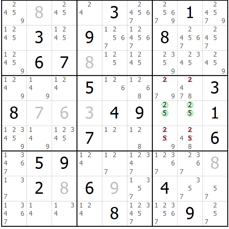 Position des candidats pour la solution de la Gr 18 page 21 du magazine de sudoku Virtuose n° 108