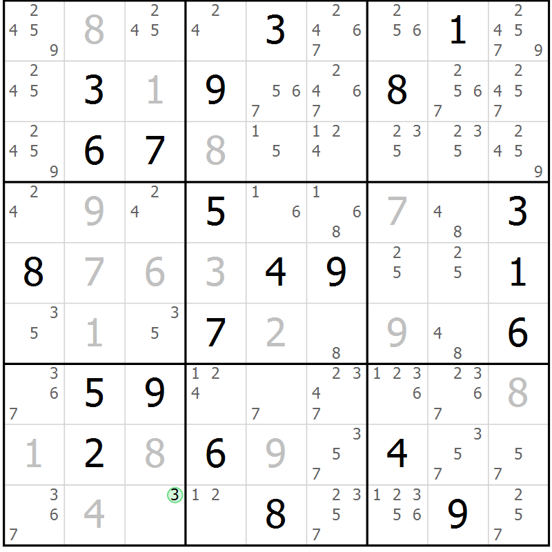 Position des candidats pour la solution de la Gr 18 page 21 du magazine de sudoku Virtuose n° 108