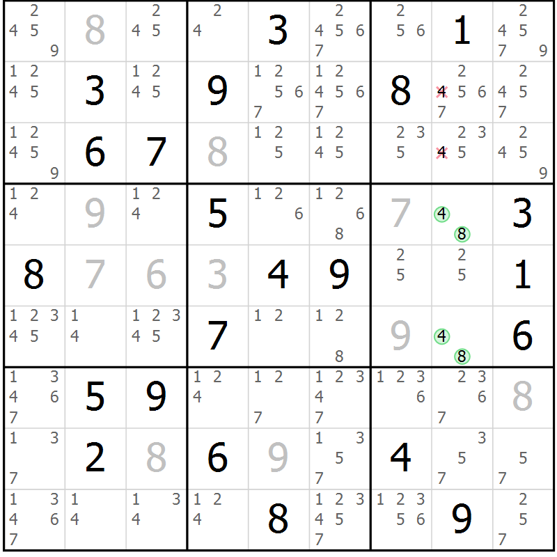 Position des candidats pour la solution de la Gr 18 page 21 du magazine de sudoku Virtuose n° 108