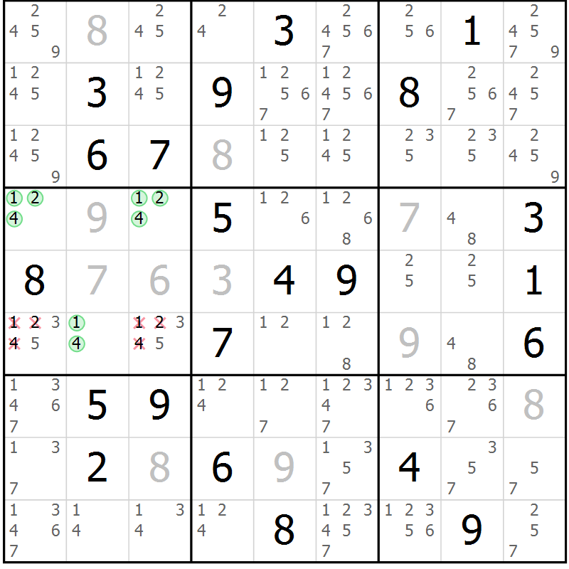 Position des candidats pour la solution de la Gr 18 page 21 du magazine de sudoku Virtuose n° 108