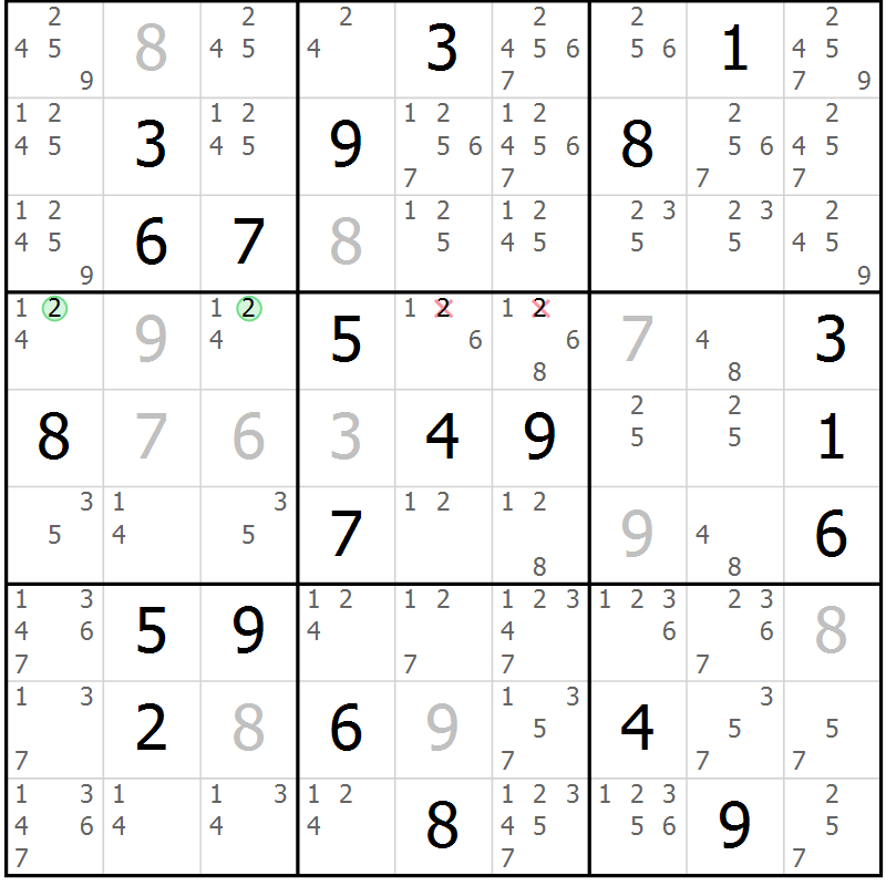 Position des candidats pour la solution de la Gr 18 page 21 du magazine de sudoku Virtuose n° 108