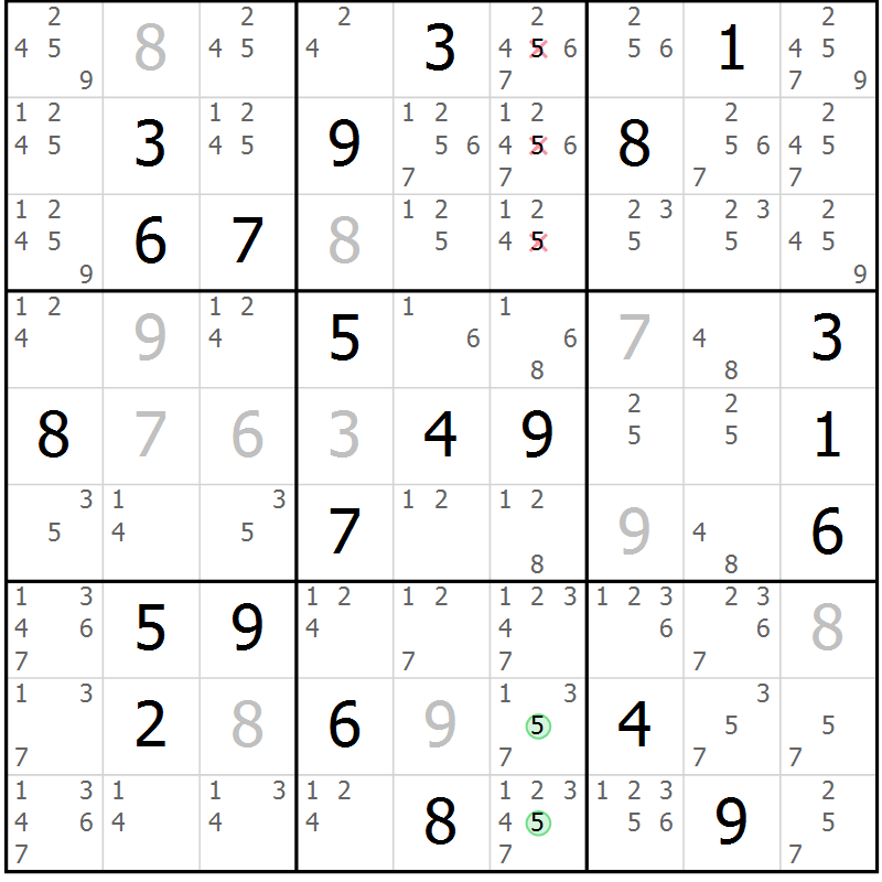 Position des candidats pour la solution de la Gr 18 page 21 du magazine de sudoku Virtuose n° 108