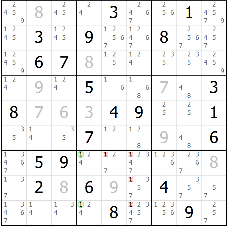 Position des candidats pour la solution de la Gr 18 page 21 du magazine de sudoku Virtuose n° 108