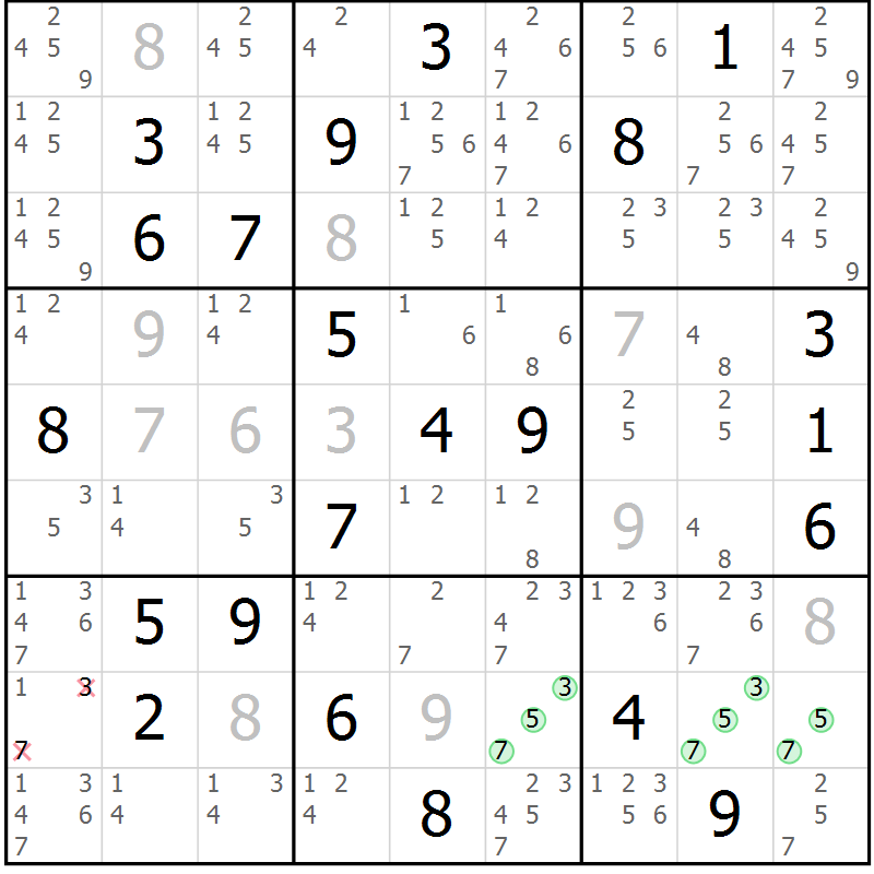 Position des candidats pour la solution de la Gr 18 page 21 du magazine de sudoku Virtuose n° 108