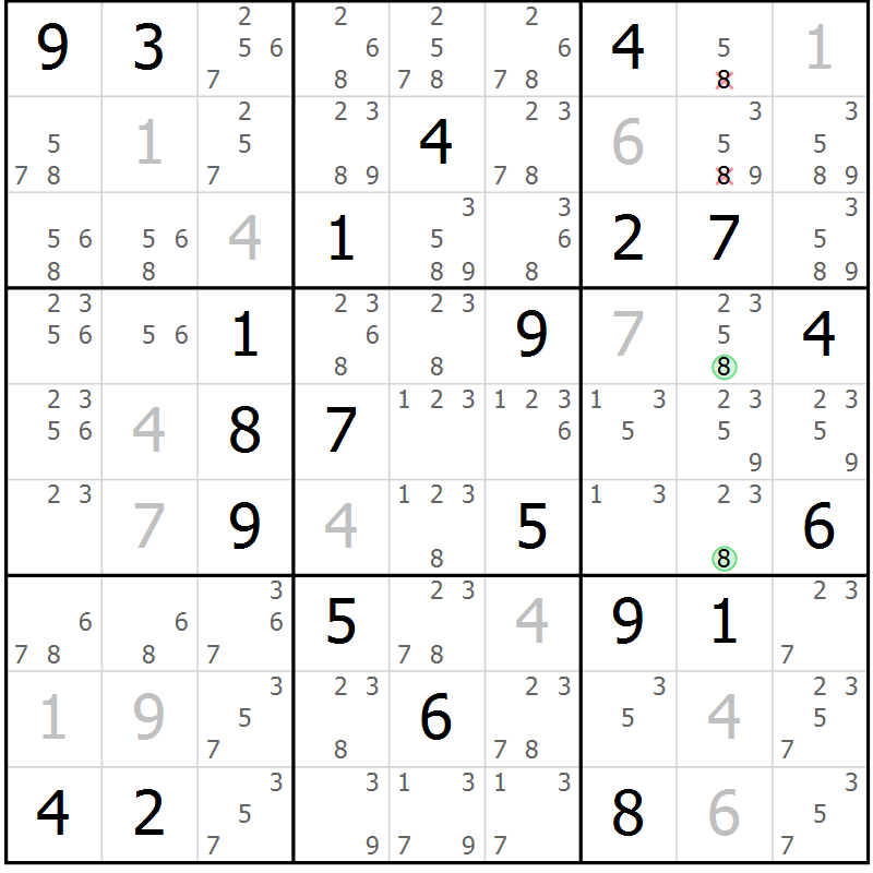 Position des candidats pour la solution de la Gr 2 page 5 du magazine de sudoku Virtuose n° 108