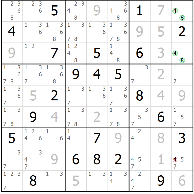 Position des candidats pour la solution de la Gr 22 page 25 du magazine de sudoku Virtuose n° 108