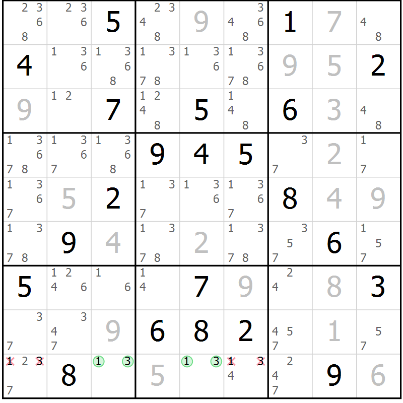 Position des candidats pour la solution de la Gr 22 page 25 du magazine de sudoku Virtuose n° 108