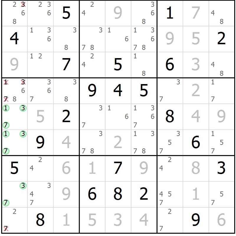 Position des candidats pour la solution de la Gr 22 page 25 du magazine de sudoku Virtuose n° 108