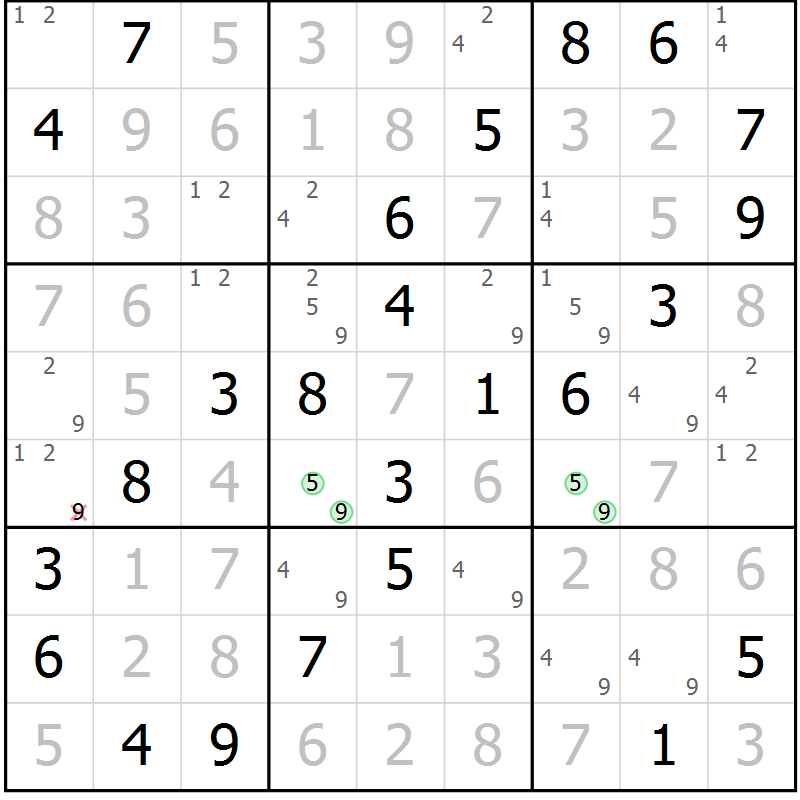 Position des candidats pour la solution de la Gr 23 page 26 du magazine de sudoku Virtuose n° 108