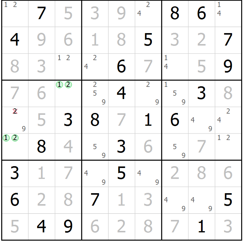 Position des candidats pour la solution de la Gr 23 page 26 du magazine de sudoku Virtuose n° 108