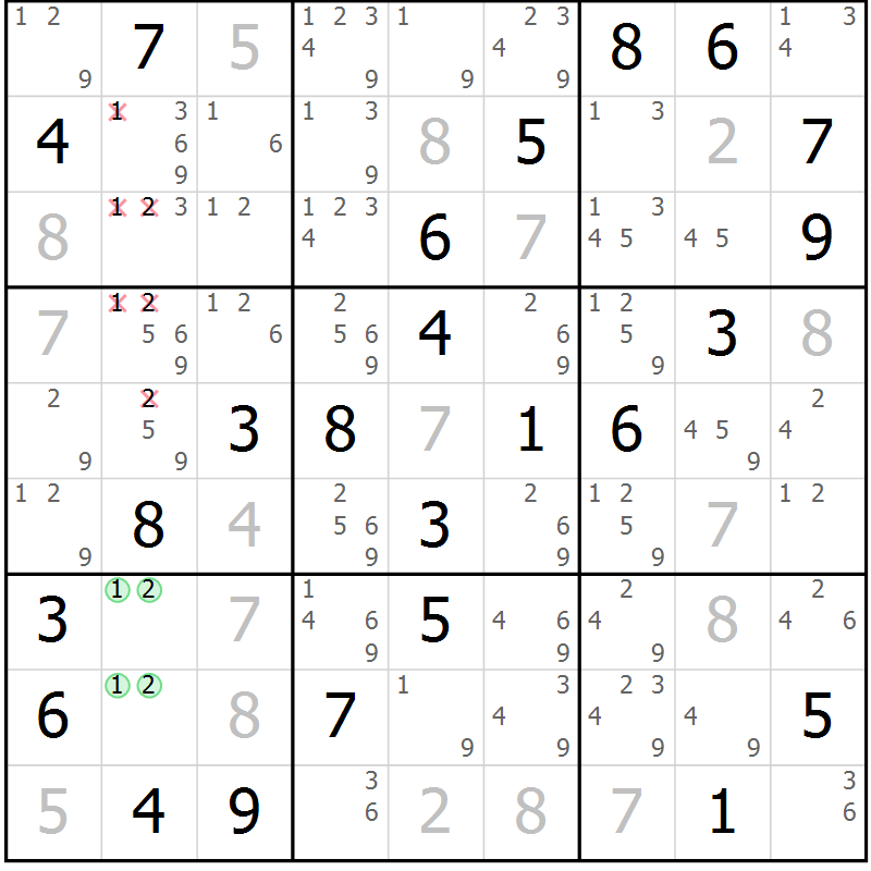 Position des candidats pour la solution de la Gr 23 page 26 du magazine de sudoku Virtuose n° 108