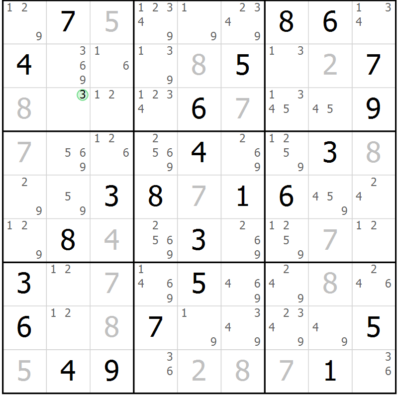 Position des candidats pour la solution de la Gr 23 page 26 du magazine de sudoku Virtuose n° 108