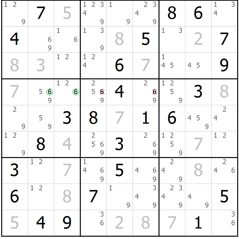 Position des candidats pour la solution de la Gr 23 page 26 du magazine de sudoku Virtuose n° 108