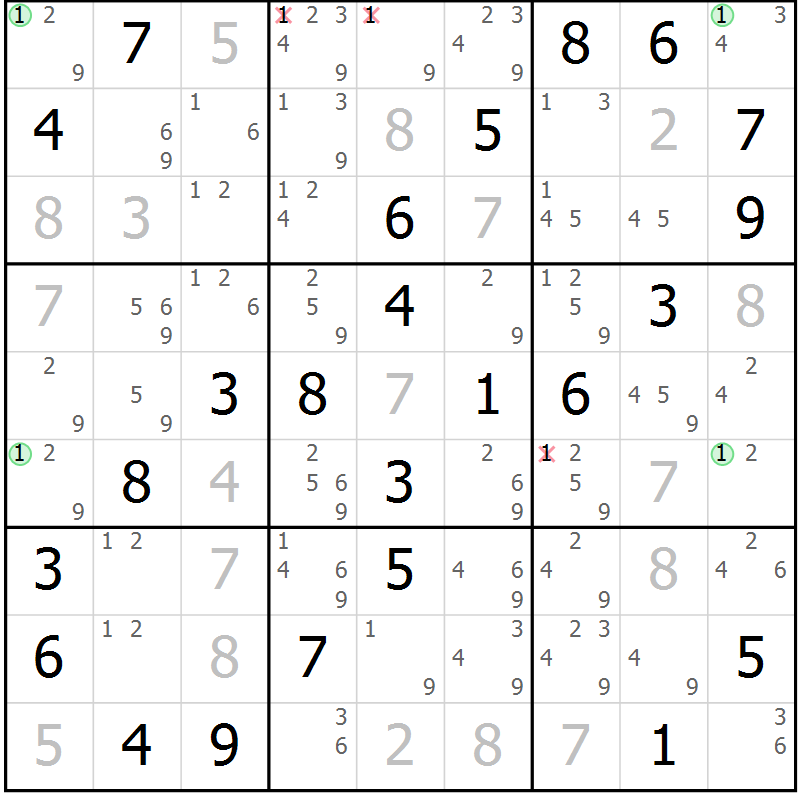 Position des candidats pour la solution de la Gr 23 page 26 du magazine de sudoku Virtuose n° 108