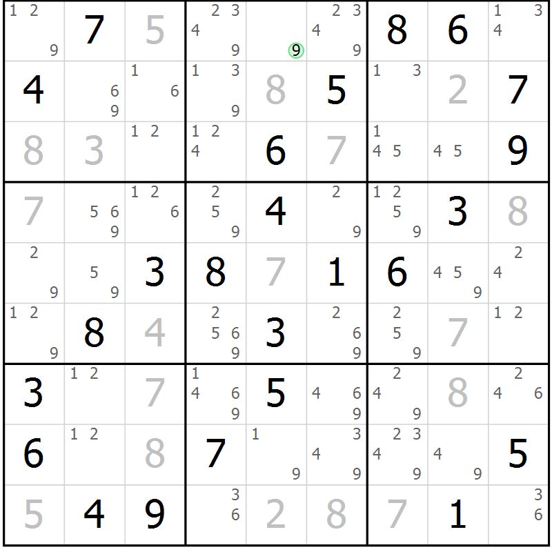 Position des candidats pour la solution de la Gr 23 page 26 du magazine de sudoku Virtuose n° 108