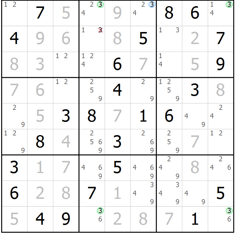 Position des candidats pour la solution de la Gr 23 page 26 du magazine de sudoku Virtuose n° 108