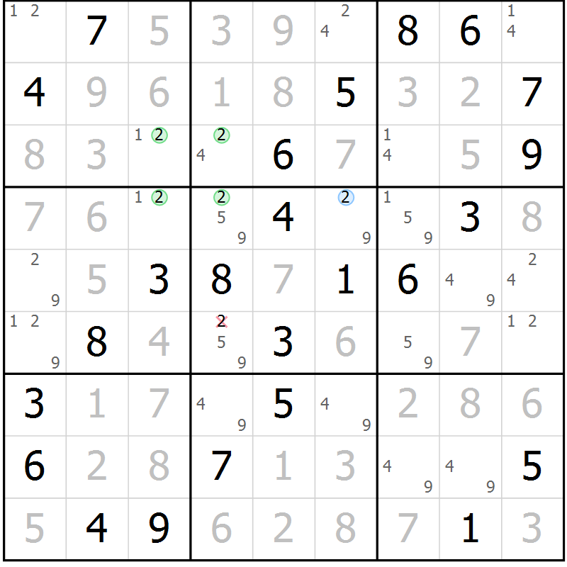 Position des candidats pour la solution de la Gr 23 page 26 du magazine de sudoku Virtuose n° 108