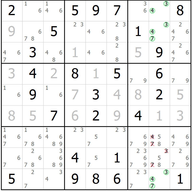 Position des candidats pour la solution de la Gr 26 page 29 du magazine de sudoku Virtuose n° 108