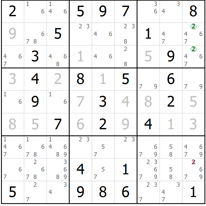 Position des candidats pour la solution de la Gr 26 page 29 du magazine de sudoku Virtuose n° 108
