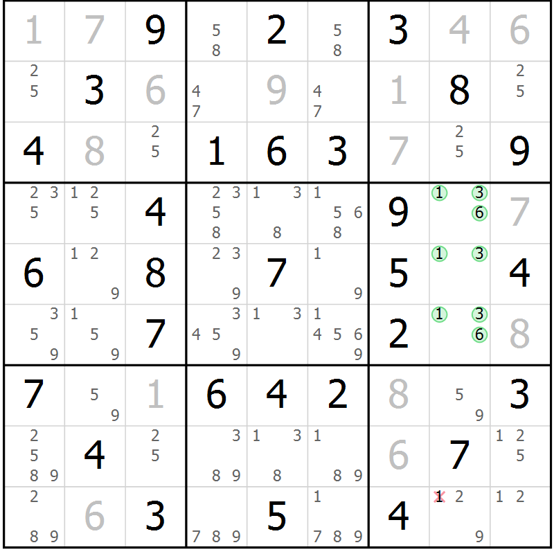 Position des candidats pour la solution de la Gr 28 page 31 du magazine de sudoku Virtuose n° 108