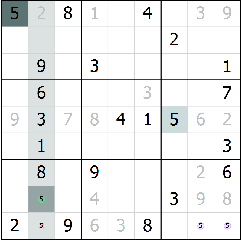 Position des candidats pour la solution de la Gr 3 page 6 du magazine de sudoku Virtuose n° 108