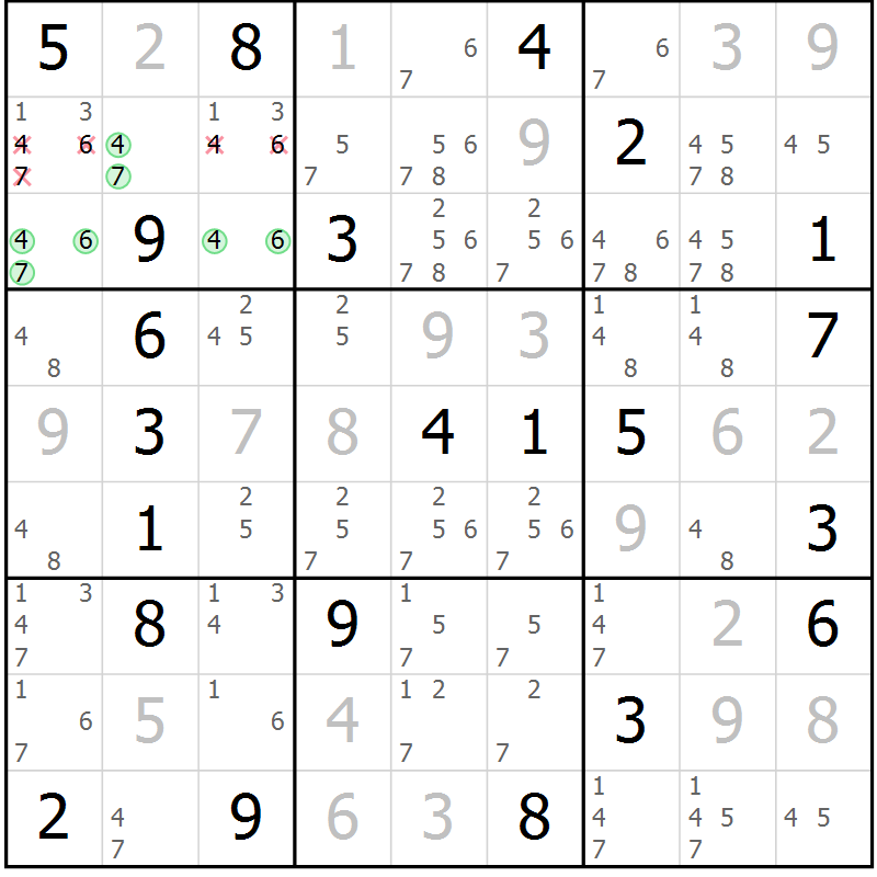 Position des candidats pour la solution de la Gr 3 page 6 du magazine de sudoku Virtuose n° 108