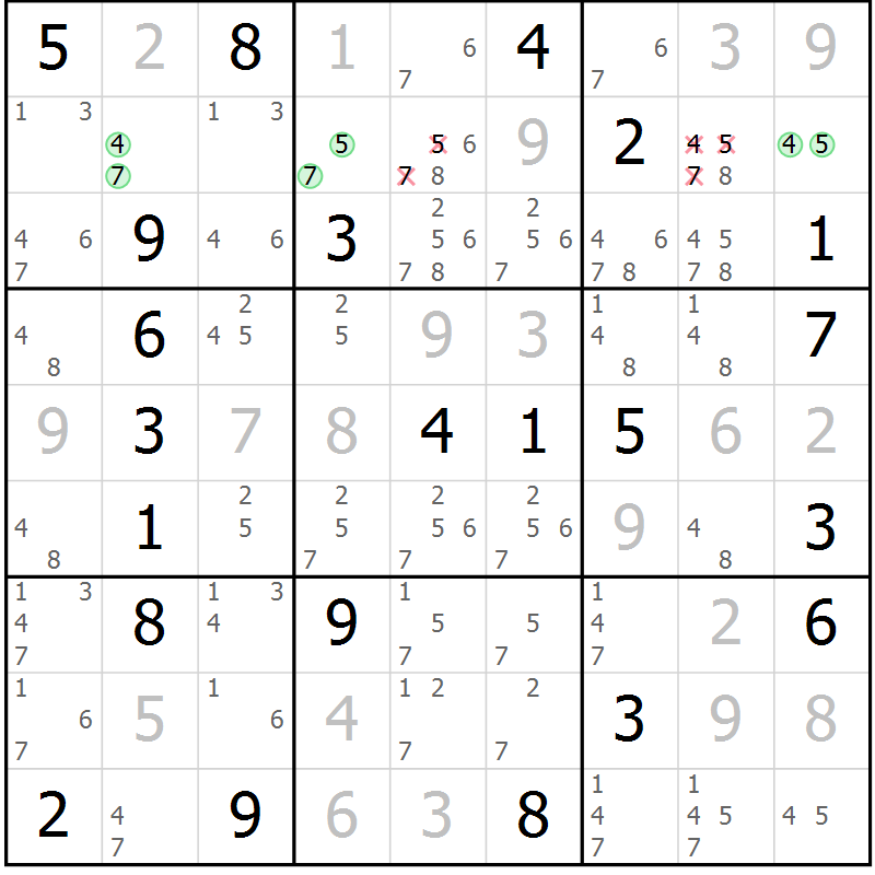 Position des candidats pour la solution de la Gr 3 page 6 du magazine de sudoku Virtuose n° 108