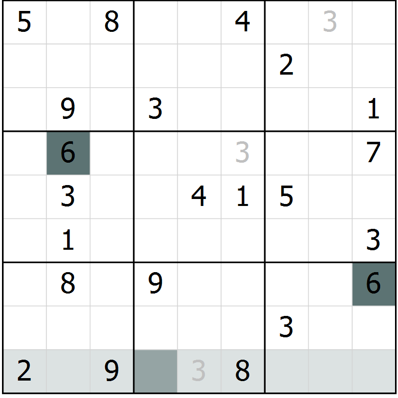 Position des candidats pour la solution de la Gr 3 page 6 du magazine de sudoku Virtuose n° 108