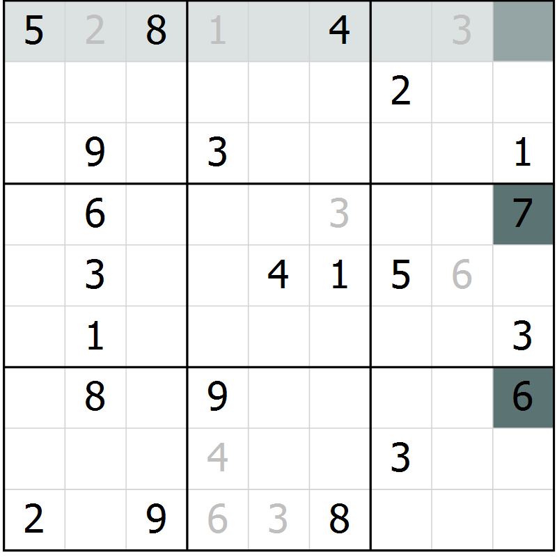 Position des candidats pour la solution de la Gr 3 page 6 du magazine de sudoku Virtuose n° 108