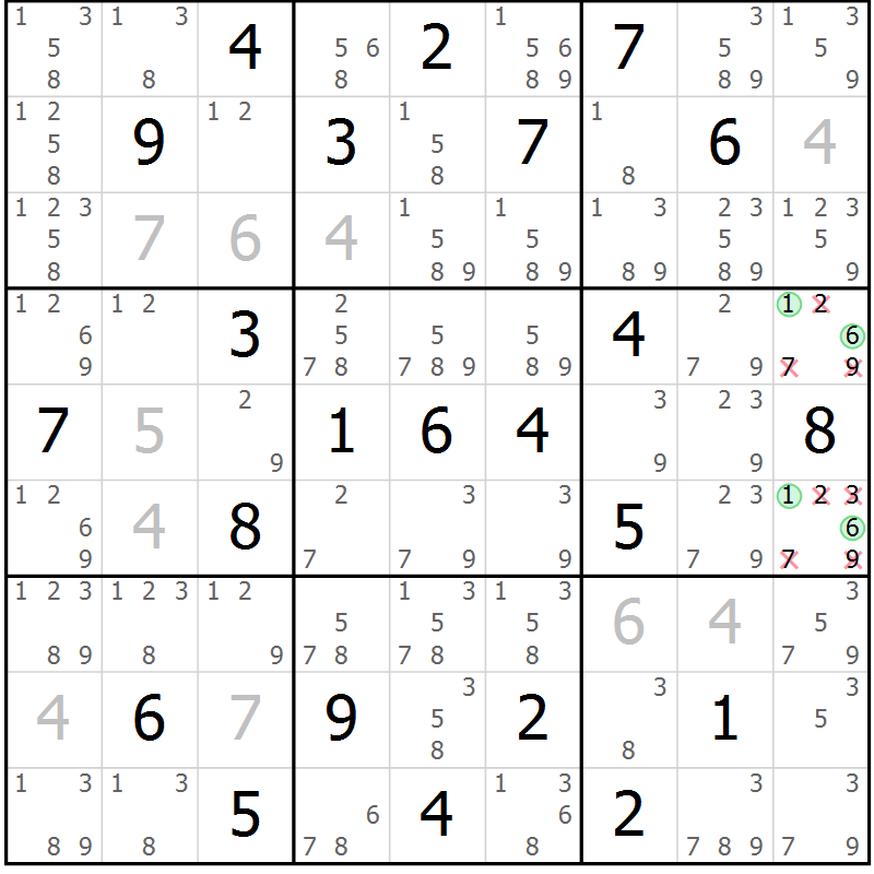 Position des candidats pour la solution de la Gr 33 page 36 du magazine de sudoku Virtuose n° 108