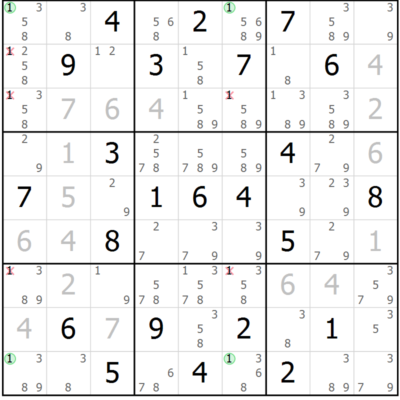 Position des candidats pour la solution de la Gr 33 page 36 du magazine de sudoku Virtuose n° 108