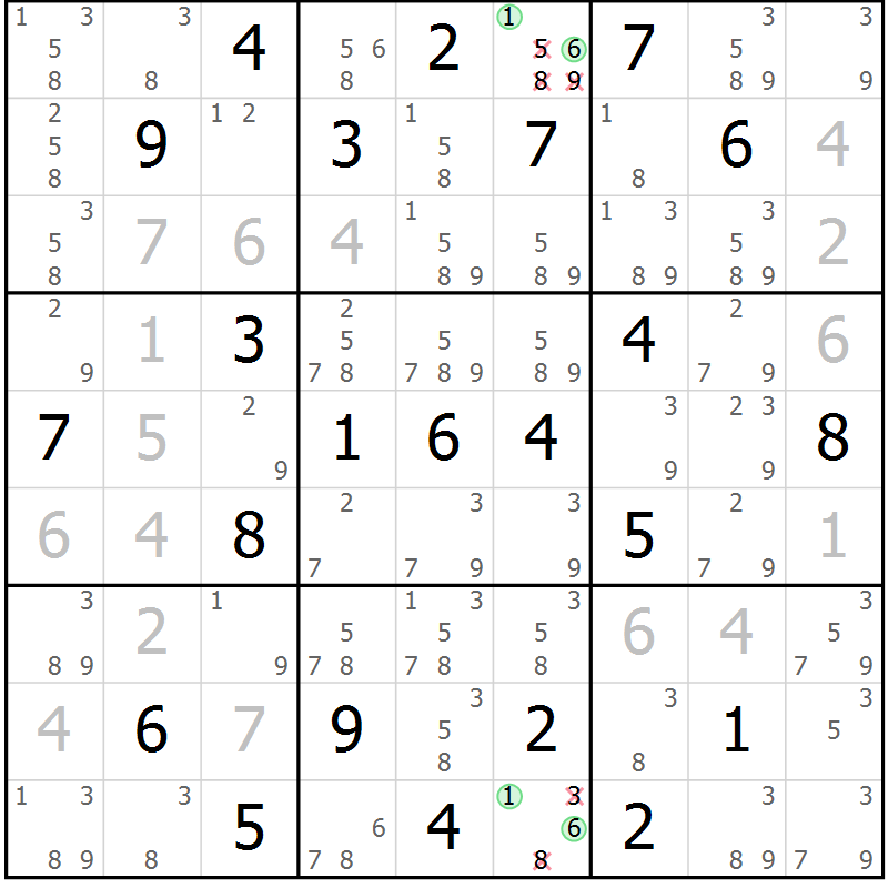 Position des candidats pour la solution de la Gr 33 page 36 du magazine de sudoku Virtuose n° 108