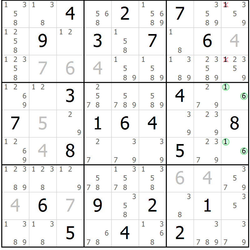 Position des candidats pour la solution de la Gr 33 page 36 du magazine de sudoku Virtuose n° 108