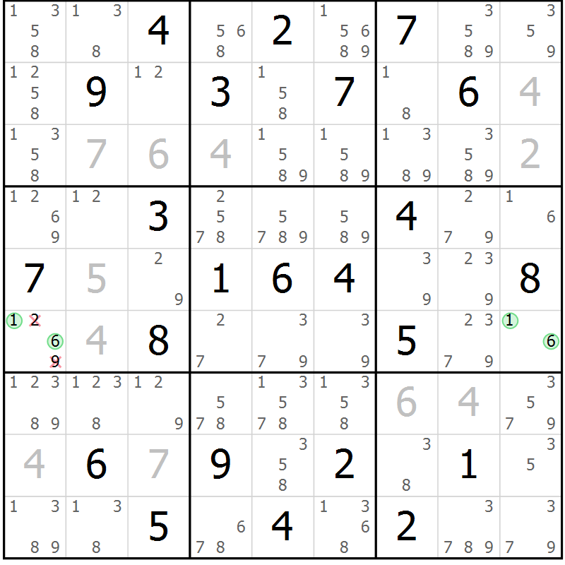 Position des candidats pour la solution de la Gr 33 page 36 du magazine de sudoku Virtuose n° 108