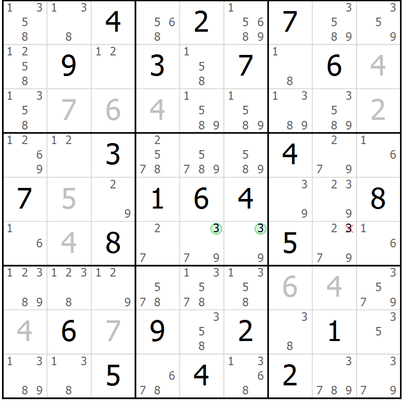 Position des candidats pour la solution de la Gr 33 page 36 du magazine de sudoku Virtuose n° 108
