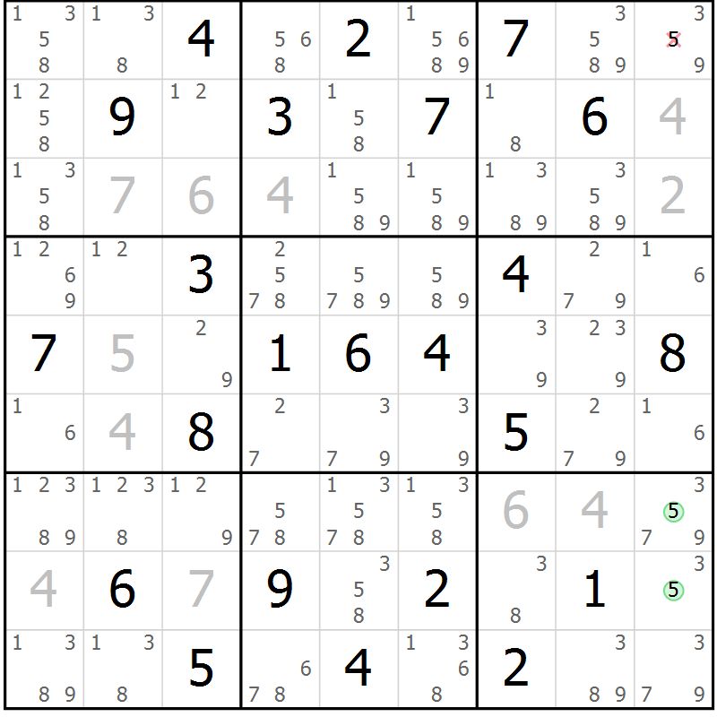 Position des candidats pour la solution de la Gr 33 page 36 du magazine de sudoku Virtuose n° 108