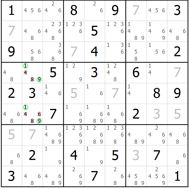 Position des candidats pour la solution de la Gr 35 page 38 du magazine de sudoku Virtuose n° 108
