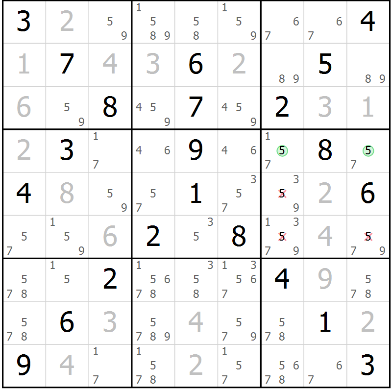 Position des candidats pour la solution de la Gr 36 page 39 du magazine de sudoku Virtuose n° 108