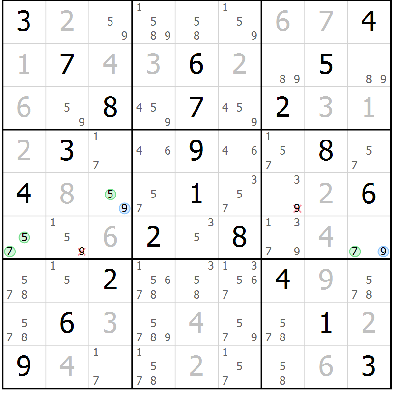 Position des candidats pour la solution de la Gr 36 page 39 du magazine de sudoku Virtuose n° 108