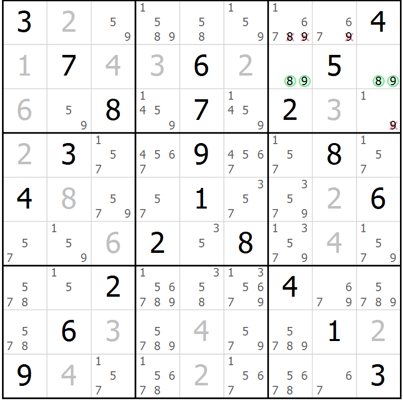 Position des candidats pour la solution de la Gr 36 page 39 du magazine de sudoku Virtuose n° 108