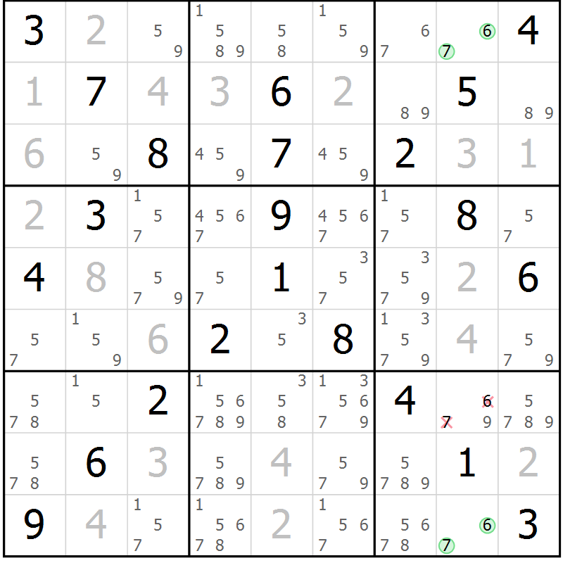 Position des candidats pour la solution de la Gr 36 page 39 du magazine de sudoku Virtuose n° 108